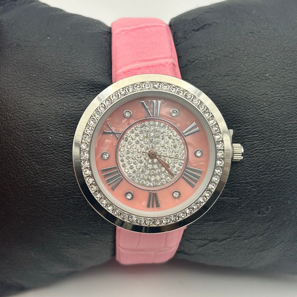 Genevex by Croton Women's Silver-Tone Pink Leather Band Quartz Watch New Battery